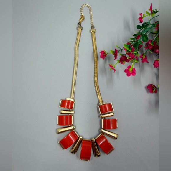 Jewelry - Vintage Acrylic Geometric Design Gold and Red Statement Necklace